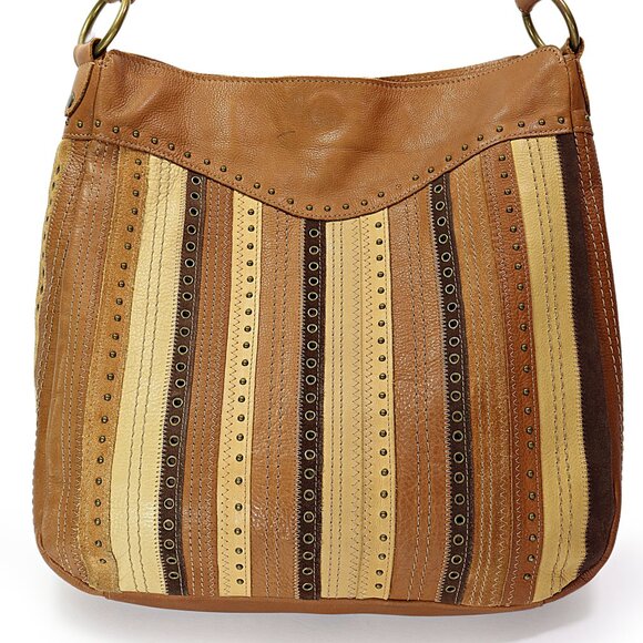 Fossil Leather & Suede Striped Hobo Bag Studded Riveted Brown & Tan Shoulder Bag - Picture 1 of 12